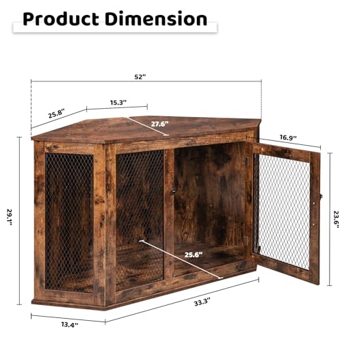 VITESSE Corner Dog Crate Furniture, 44/52inch Durable Wooden Dog Kennel End Table, Indoor Decorative Puppy Kennel with Metal Mesh, Heavy-Duty Pet House for Large Dogs with Portable Switch, TV Stand