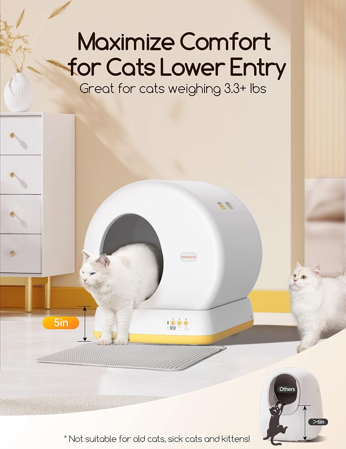 MeoWant Self-Cleaning Cat Litter Box-Yellow, Advanced Safety System Automatic Cat Litter Box Perfect for Multi Cats, Extra Large/Odor Control/APP Control Smart Cat Litter Box with Mat & Liner