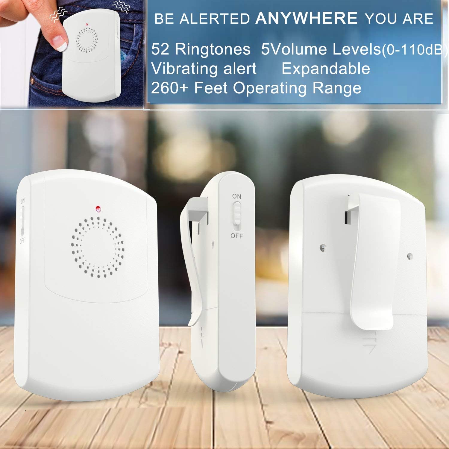 Caregiver Pager Wireless Motion Sensor Alert Room Bed Alarm and Fall Prevention for Elderly Dementia Patients (3Receivers+2Sensor)