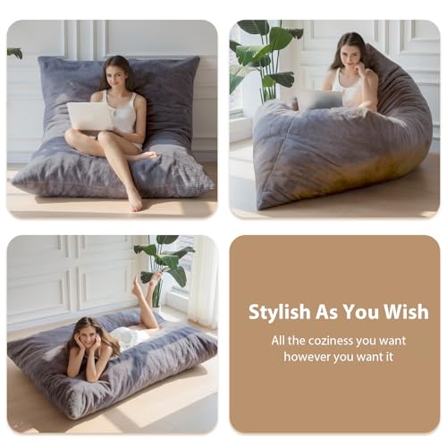BYBYME 3 in 1 Bean Bag Chairs, Bean Bag Bed for Adults High-Density Foam Filling, Convertible Sofa Bed Faux Fur, Giant Bean Bag Chairs for Adults