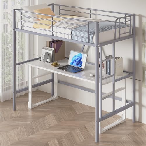 VECELO Metal Loft Bed Twin Size, Heavy Duty Bedframe with Removable Ladder and Safety Guardrail, Space-Saving, Noise Free, No Box Spring Needed, Off White