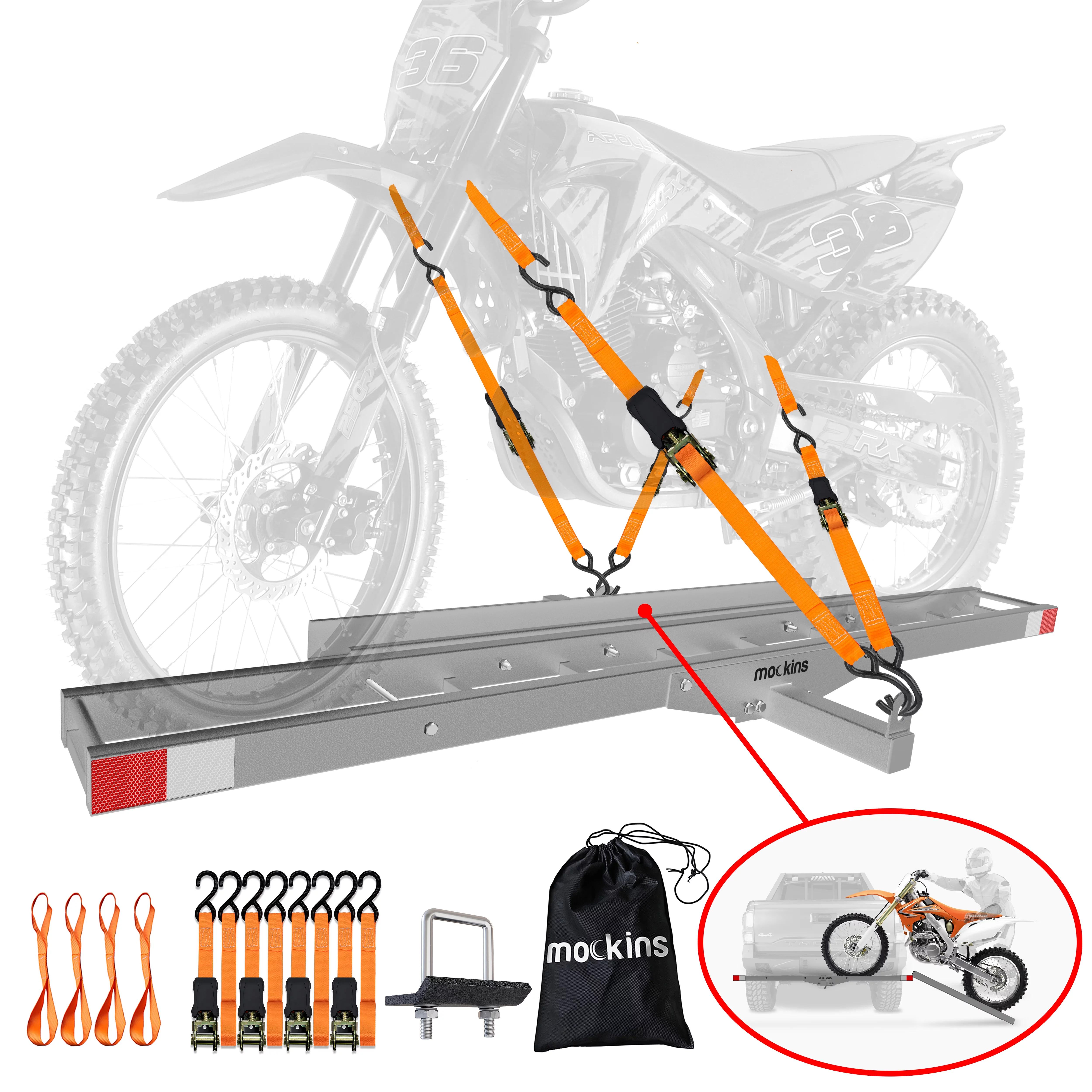 Mockins 73" Stainless Steel Dirt Bike Hitch Mount Hauler with Ramp and Accessories - Rust Proofed Hitch Carrier Supports 500 lbs.