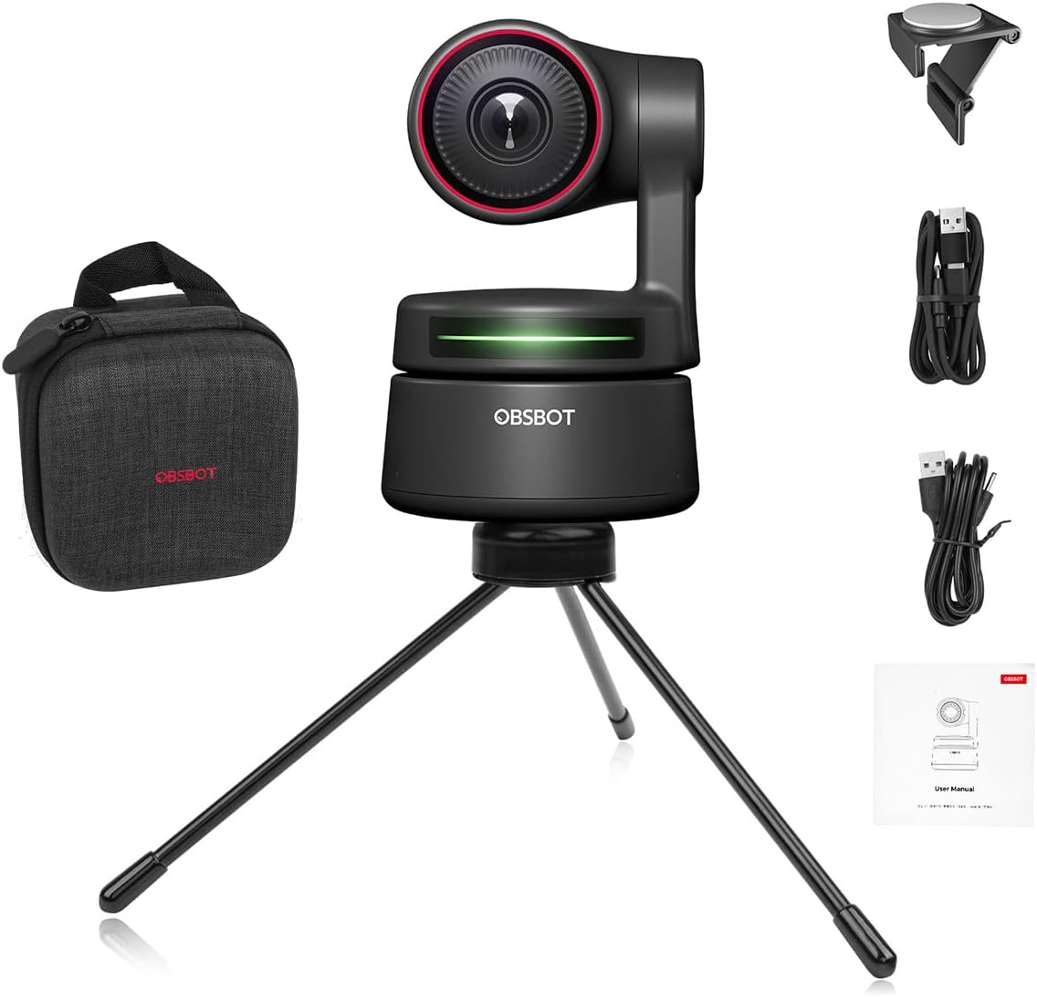Obsbot Tiny 4K PTZ Webcam, AI-Powered AI-Tracking Auto-Framing Gesture Control HDR 4K Webcam with Dual Omni-Directional Mic 4X Zoom in/Out for Video Meeting Remote Class Live Streaming