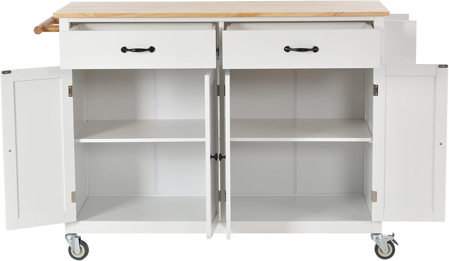 LUMISOL Rolling Kitchen Island Cart with Solid Wood Top for Kitchen, Mobile Storage Cart on Wheels with 2 Drawers and 4 Door Cabinet, White
