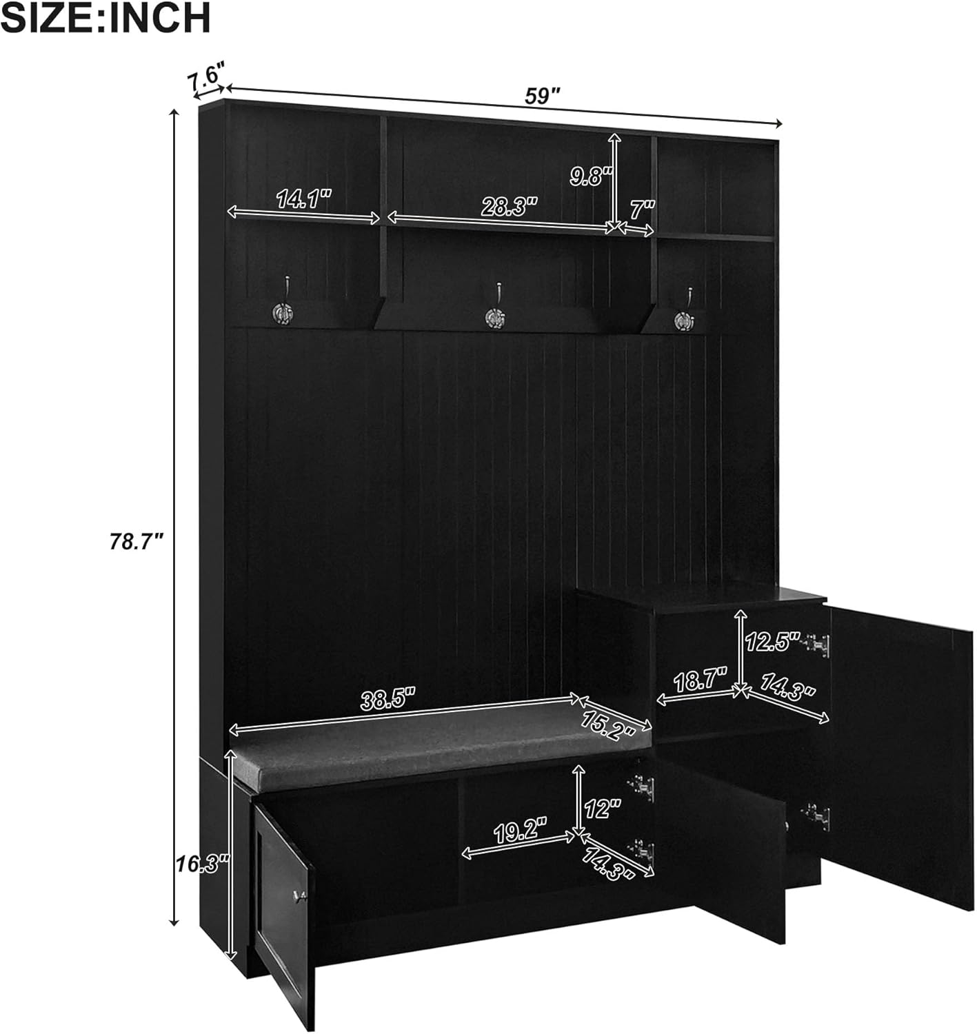 Entryway Hall Tree with Bench&cushion and Shoe Storage, Modern Elegant Design Shoe Cabinet Coat Rack with 3 Hooks for Hallway, Living Room, Black