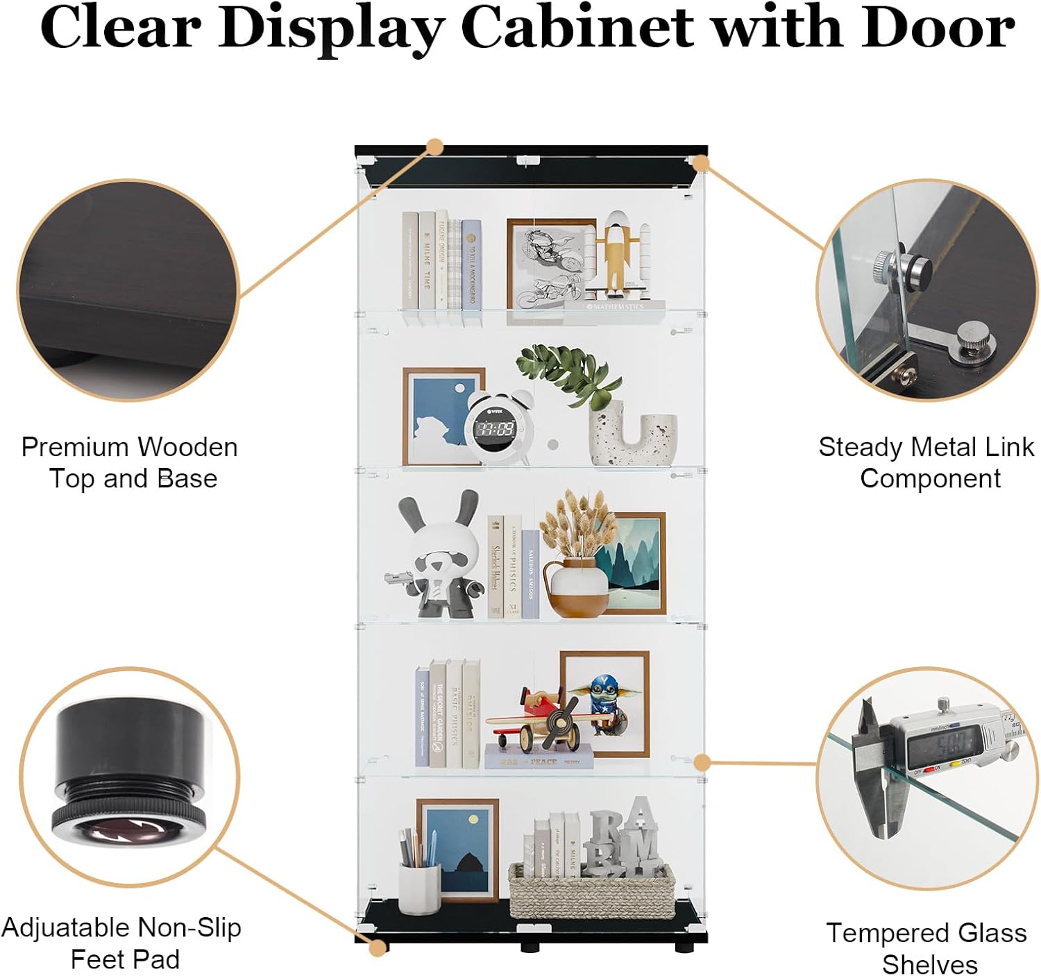 74 Inch High Storage Cabinets with Glass Doors, 5 Layers Glass Display Cabinet for Living Room, Floor Standing Glass Storage Shelf, Curio Display Cabinet Bookshelf for The Study, Black