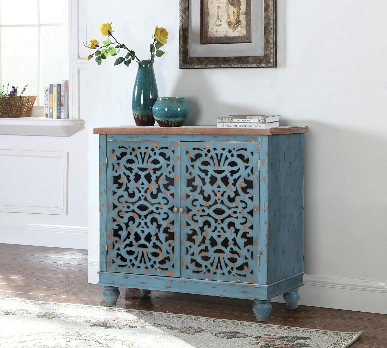 MAISON ARTS White Accent Storage Cabinet with 2 Doors for Living Room Bedroom Buffet & Sideboard Decorative Distressed Cabinet Farmhouse Kitchen China Cabinet with Carved Pattern Doors, Carved Floral