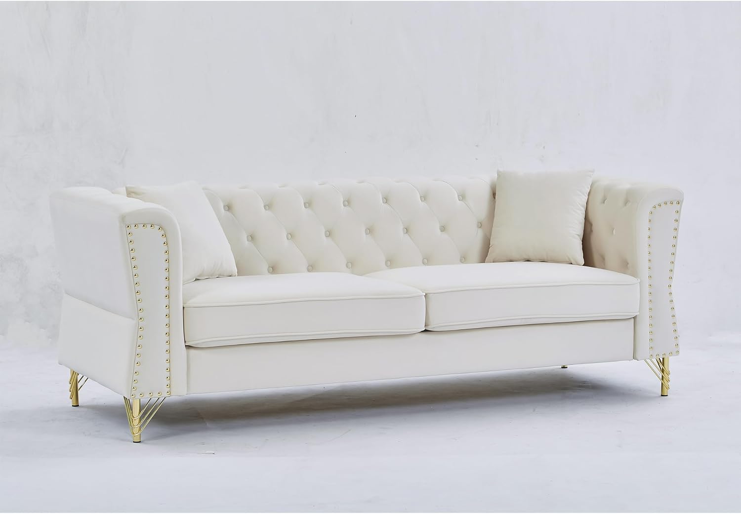 81.8" Chesterfield Sofa Grey Velvet for Living Room, 3 Seater Sofa Tufted Couch with metal foot and Nailhead for Living Room, Bedroom, Office, Apartment, two pillows (Beige)