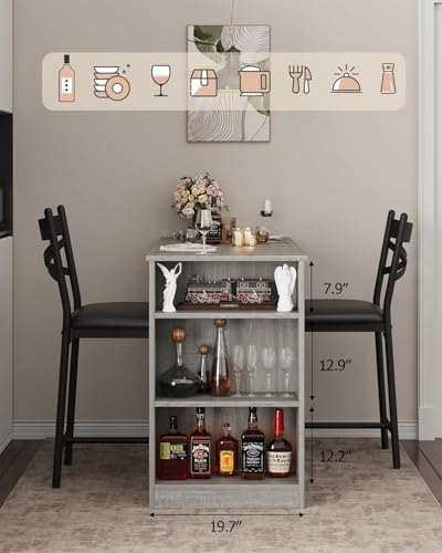 GAOMON 3 Piece Bar Table Set for 2, Bar Table and Chairs Set with with Flip Top Extension, Dining Table Set with Storage Shelves, Suitable for Small Space Kitchen Apartment, Grey