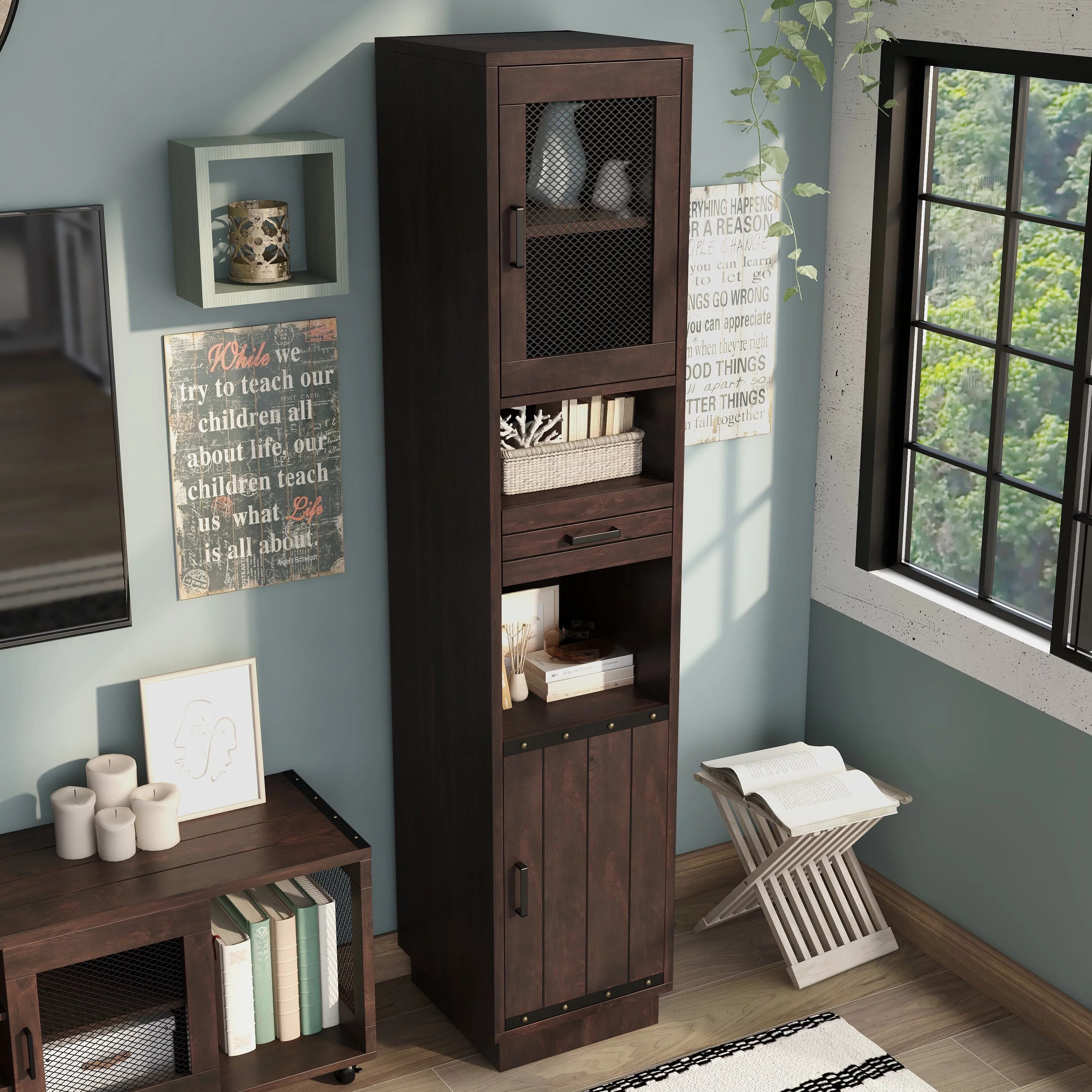 Furniture of America Hury Farmhouse Walnut Multi-Storage TV Tower by  Vintage Walnut Walnut Finish