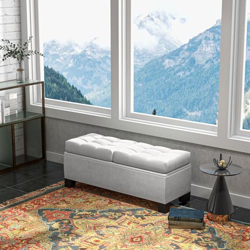 HOMCOM 46" Storage Ottoman Bench, Upholstered End of Bed Bench with Steel Frame, Button Tufted Storage Bench with Safety Hinges for Living Room, Entryway, Bedroom, Gray