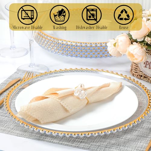 Tioncy 100 Pcs Clear Charger Plates Bulk Beaded Charger Plates and Napkin Rings 13 Inch Plastic Round Chargers for Dinner Plates Wedding Party Event Table Decoration(Gold)