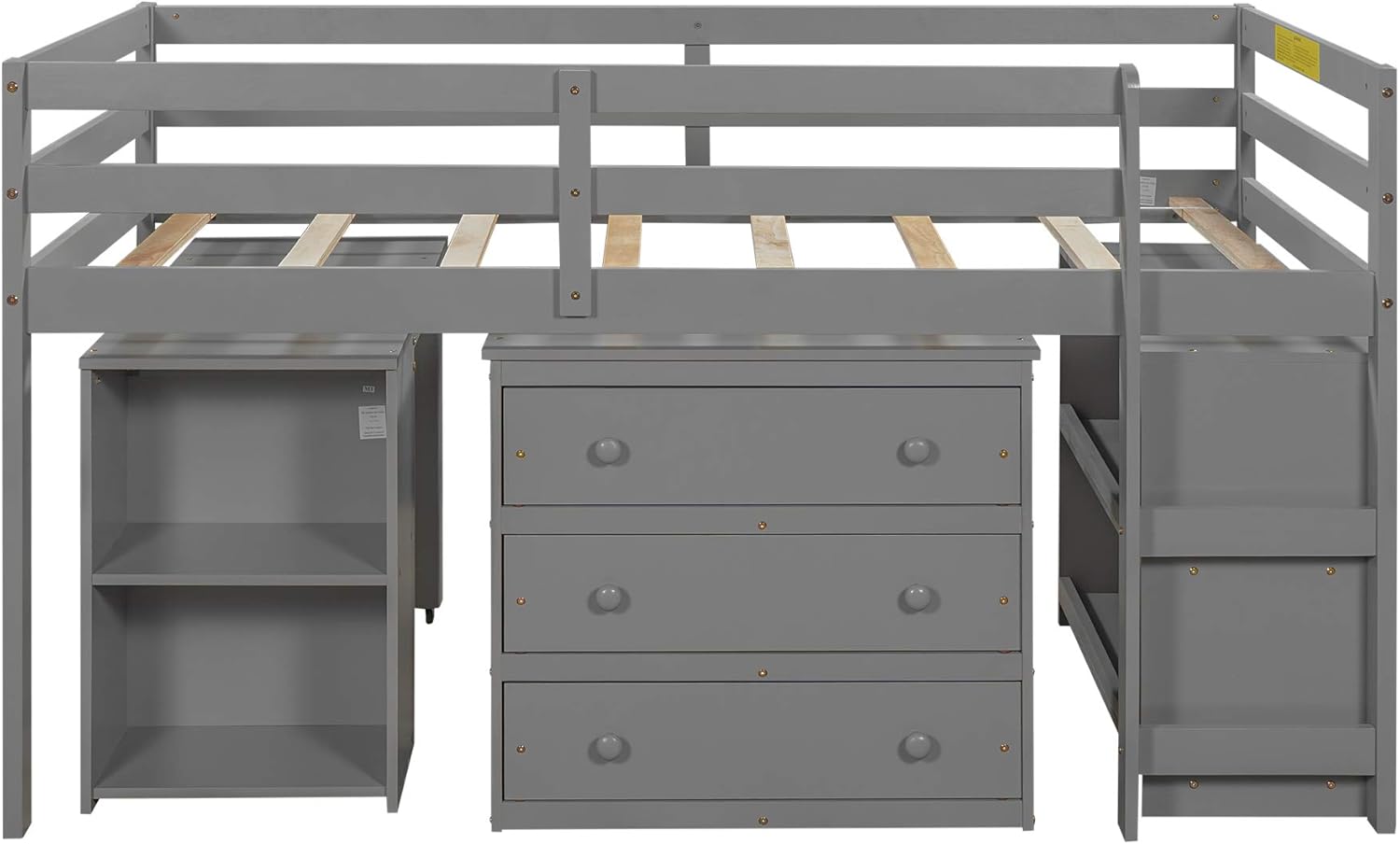 SOFTSEA Twin Study Loft Bed with Rolling Portable Desk, Cabinet and Bookcase, Low Loft Bed for Kids and Teenagers (Gray, with Desk)