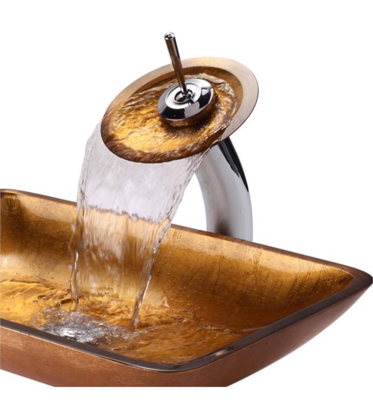 Kraus Golden Pearl Rectangular Glass Vessel Sink and Waterfall Faucet - Satin Nickel