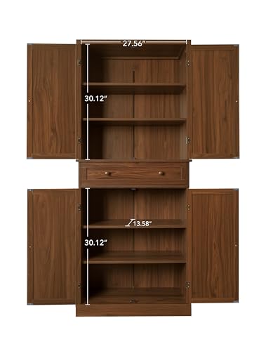 Kitchen Pantry Storage Cabinet, Tall Cabinet with 4 Rattan Doors and 1 Drawers, Freestanding Cupboard with Adjustable Shelves, Utility Pantry for Kitchen, Dining Room (Walnut)