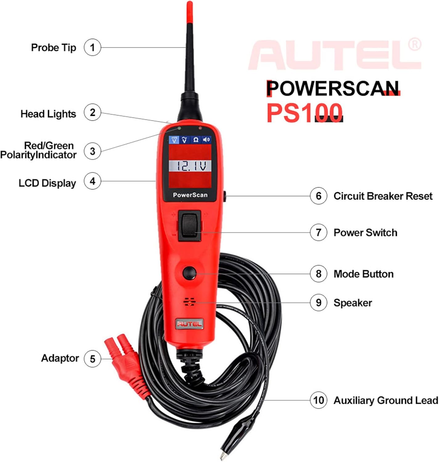 Autel Powerscan Ps100 Electrical System Tester Ps 100 Circuit Tester with 20ft Cable, Built-In Circuit Breaker, Easy to Read AC/DC Current Resistance, Test Continuity/Probe/Sensor Signal