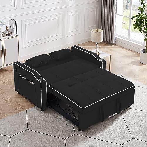 3 in 1 Convertible Sleeper Sofa Chair Bed with Adjustable Backrest USB Ports Cup Holder Side Pocket Pillow Velvet Folding Chaise Lounge for Apartment Living Room Guest Room Small Space Furniture Black