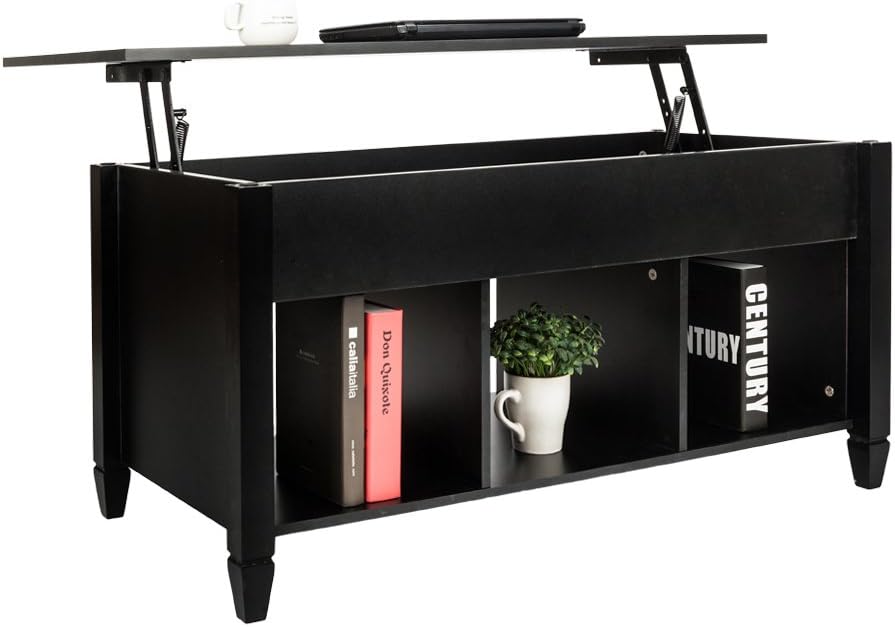 Coffee Table Lift Top Wood Home Living Room Modern Lift Top Storage Coffee Table w/Hidden Compartment Lift Tabletop Furniture, with 3 Hidden Compartment Storage Shelf (Black)