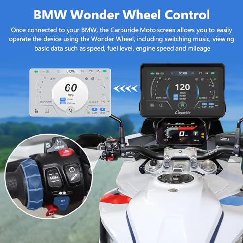 2025 CARPURIDE W702BS PRO for BMW Motorcycle CarPlay & Android Auto Dual Bluetooth, 7" Waterproof GPS Navigation Screen, Data Reading, Native Wonder, TPMS, Light Sensor, Music Sharing, Intercom,16-Pin