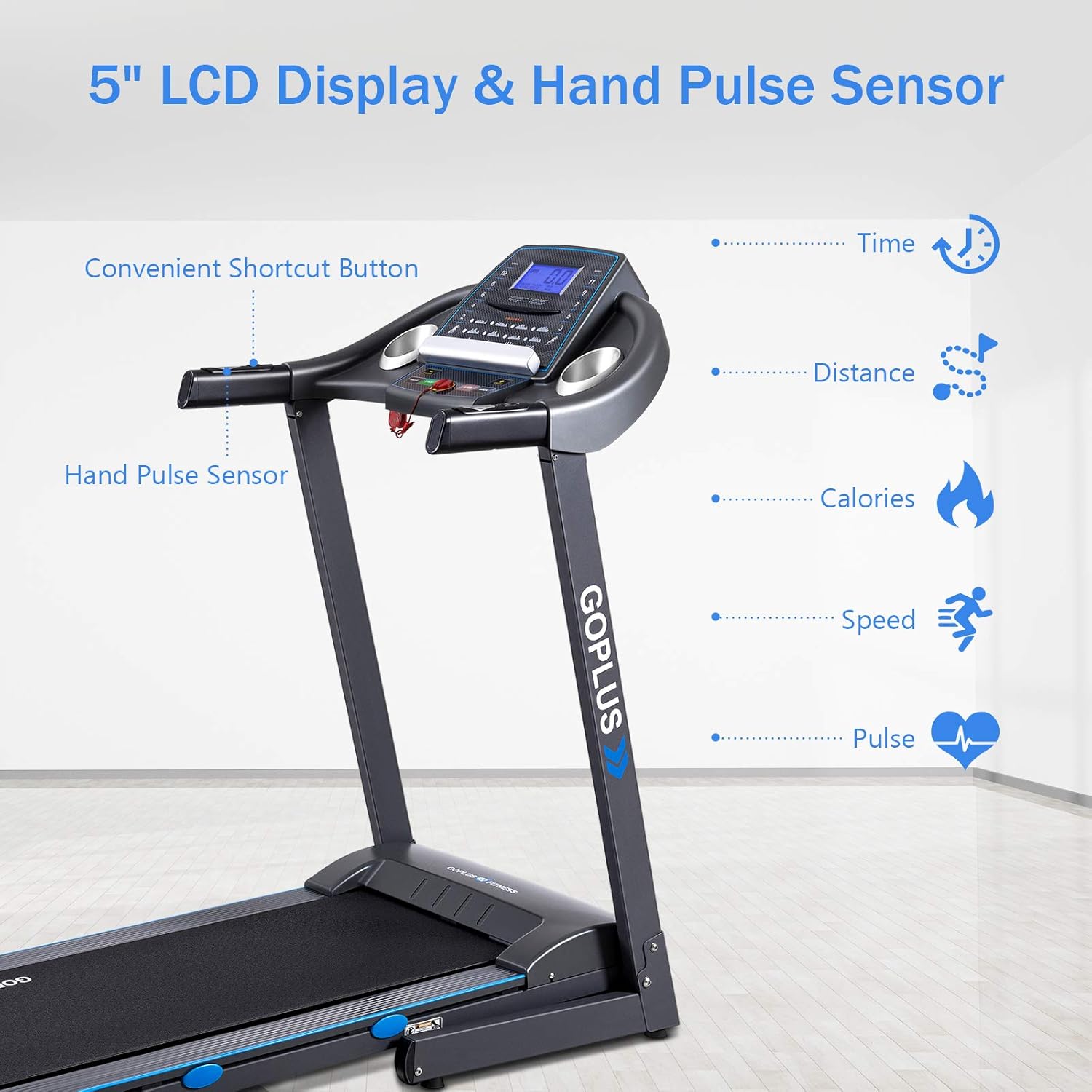 Goplus 2.25HP Folding Treadmill with Incline, Electric Treadmill, Walking Running Jogging Fitness Machine with Blue Backlit LCD Display for Home & Gym Cardio Fitness