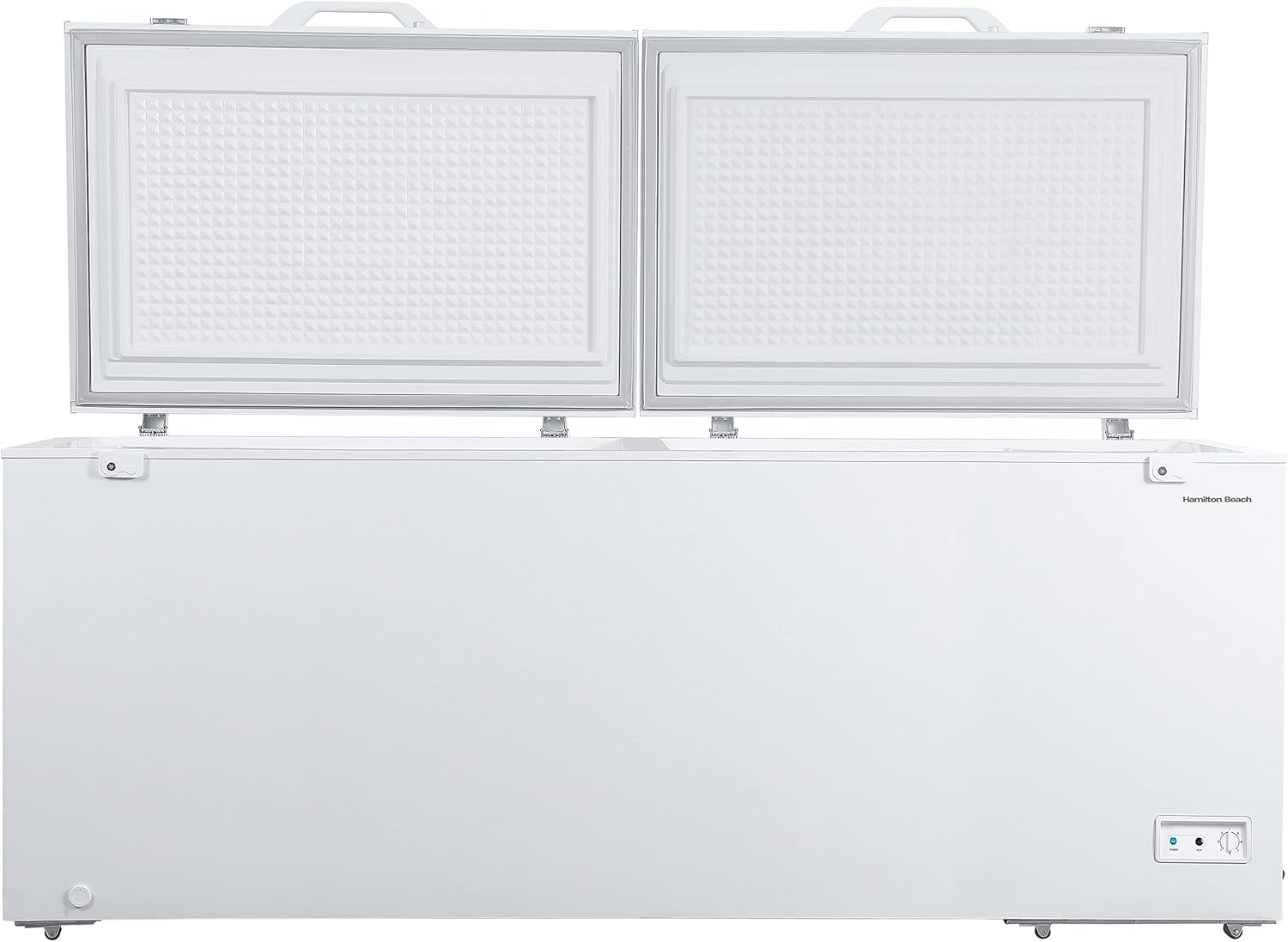 Hamilton Beach 25 Cu. Ft. Garage Ready Chest Freezer, White Deep Freezer, Adjustable Thermostat, Easy Defrost Drain, Double Door Lid, for Storage, Hunting, Large Family - 29"D x 79"W x 38"H
