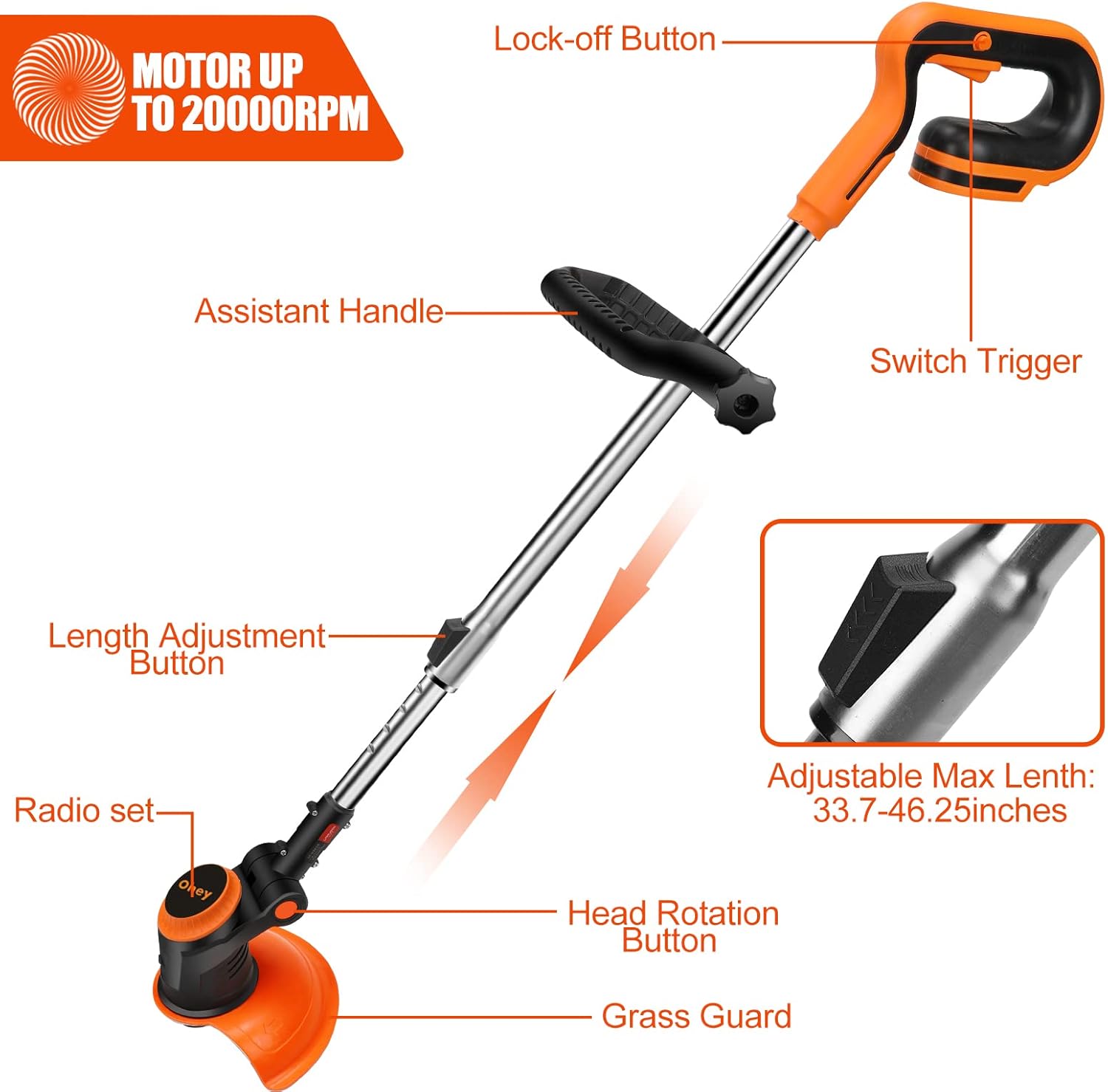 Brushless Motor Weed Eater, 3 Level Adjustable Speed Electric Weed Wacker Cordless Trimmer with Power Display, Portable Battery Powered Rechargeable Home Lawn Mower for Lawn, Yard, Garden