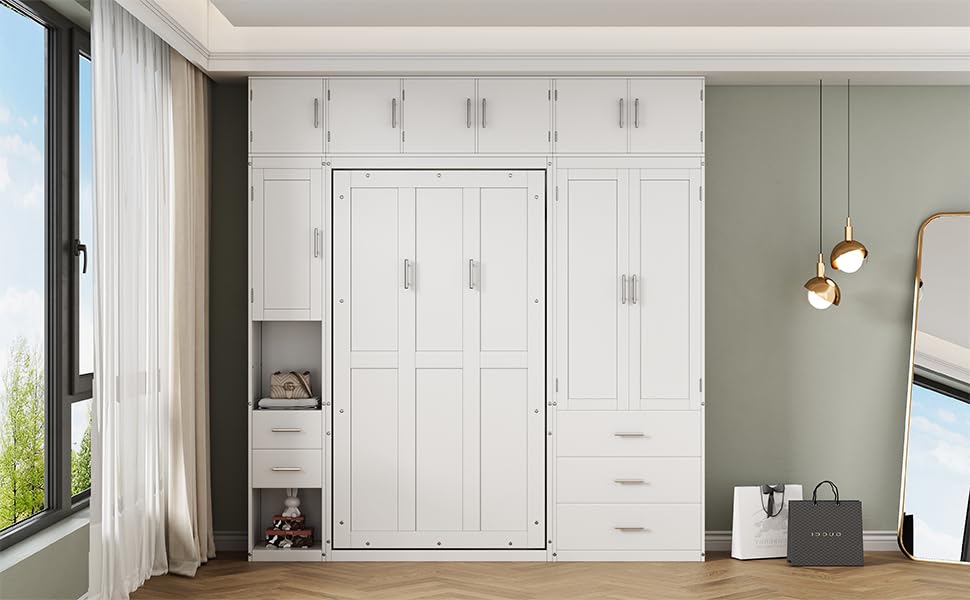 Harper & Bright Designs Twin Size Murphy Bed Frame for Boys Girls Kids Adults Toddler with Lockers and Wardrobes, with installation video, White