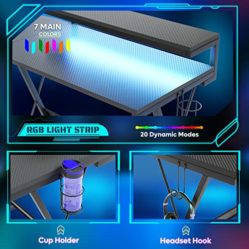 Bestier L Shaped Gaming Desk with LED 55 Inch, Large Monitor Shelf Cup Holder Headset Hook 3 Setup Ways Reversible 72 Inch Long Desk for 2 Persons, Carbon Fiber Black