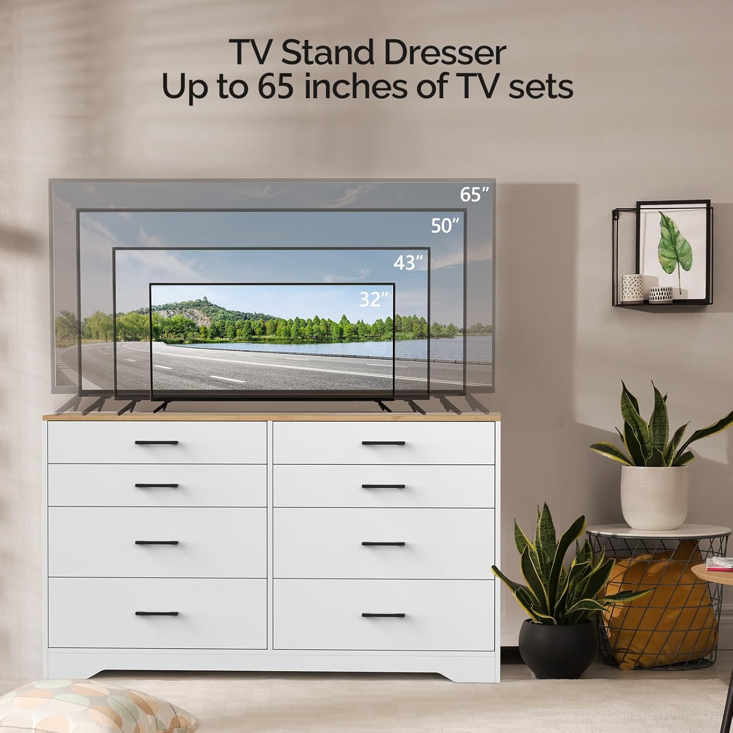 VINGLI 8 Drawer Dresser for Bedroom, White Dresser, Kids Dresser Wood Chest of Drawers, Baby Dresser for Nursery, Nursery Dresser, Storage Dresser Cabinet, Long Dresser, Modern Dresser, Brown Top