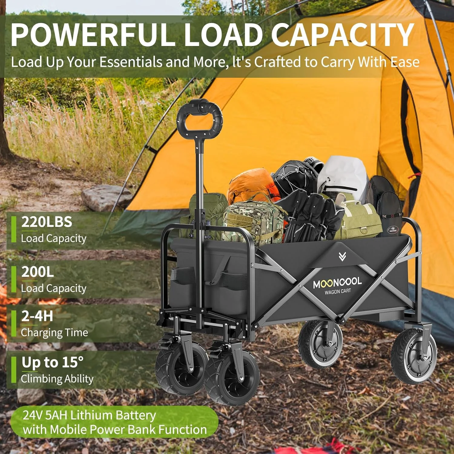 ABORON Collapsible Electric Utility Garden Wagon with 8" All-Terrain Wheel,Electric Drive Foldable Storage Beach Wagon,Multi-Purpose Big Bucket Cart for Camping, Garden, Shopping