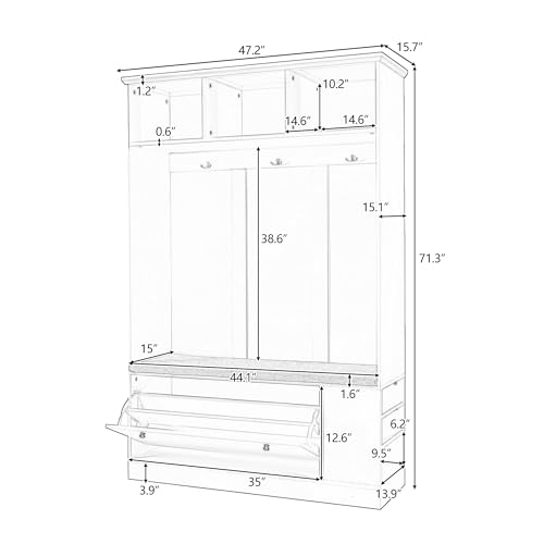 3-in-1 Design, Hall Tree with 6 Hooks, Hanger, Storage Bench, 39.4Inch Coat and Shoe Rack for Entrance, Hallway, Entryway, Living Room, 47.2'', White