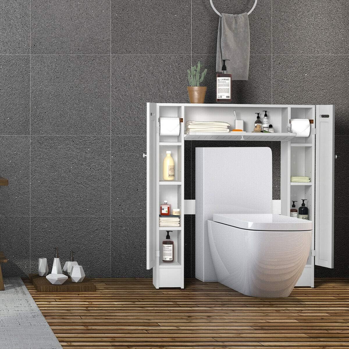 Freestanding Over The Toilet Cabinet,Over-The-Toilet Storage Cabinet with 2 Side Doors,Space Saver Bathroom Storage Toilet Rack with Adjustable Shelves,Paper Holder,White