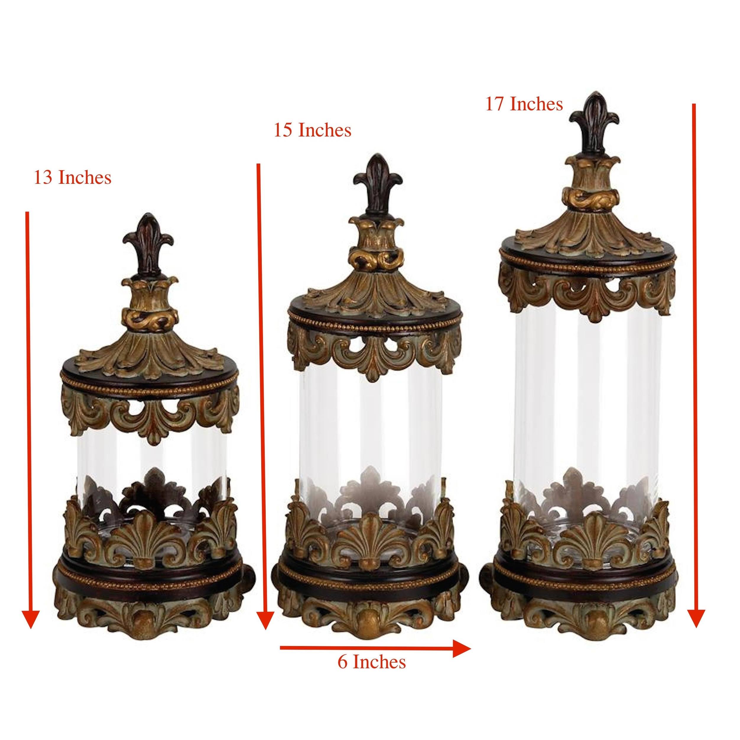Antiqued Gold Fleur-de-lis 3-Piece Glass Cylinder Canister Set