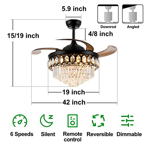 48" Black Chandelier Ceiling Fan with Lights and Remote Control Retractable Modern Fandelier Ceiling Fan with Light 6-Speed LED Dimmable Crystal Ceiling Fan Invisible for Bedroom Living Room
