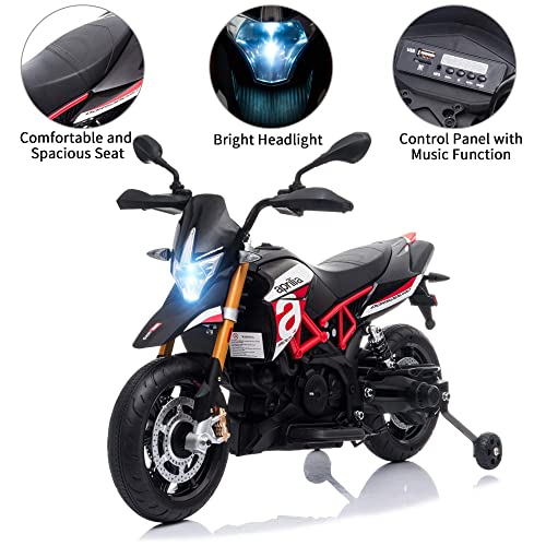 TOBBI 12V Aprilia Licensed Kids Ride-On Motorcycle Dirt Bikes for Kids with Training Wheels, Spring Suspension, Lights, Music Story USB MP3 (Red)