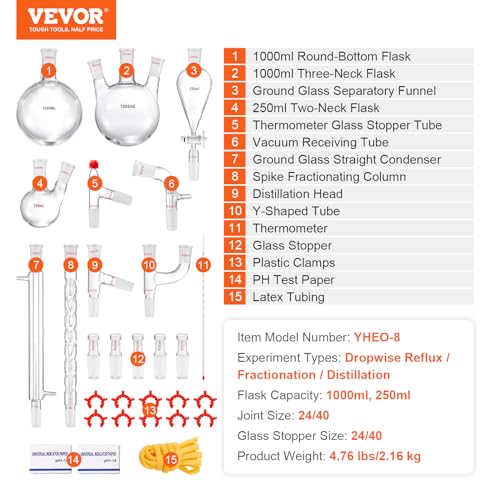 VEVOR New Laboratory Glassware 24/40 Chemistry Glassware 29PCS Chemistry Lab Glassware Kit 250 1000ml for Distillations Separation Purification Synthesis 24/40 29PCS