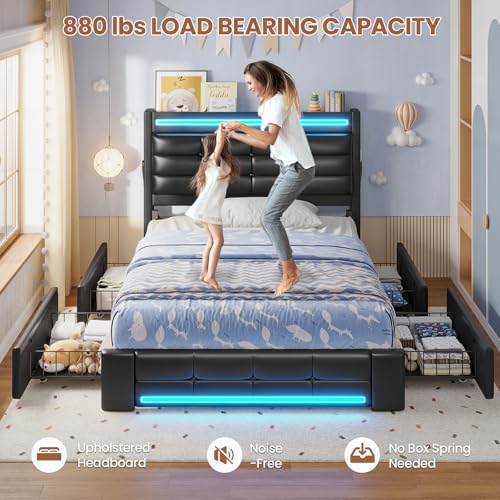 ADORNEVE Queen Bed Frame with Storage Headboard & 4 Drawers, LED Bed Frame Queen with Charging Station, Leather Upholstered Platform Bed Frame with Button Tufted, No Box Spring Needed, Black PU