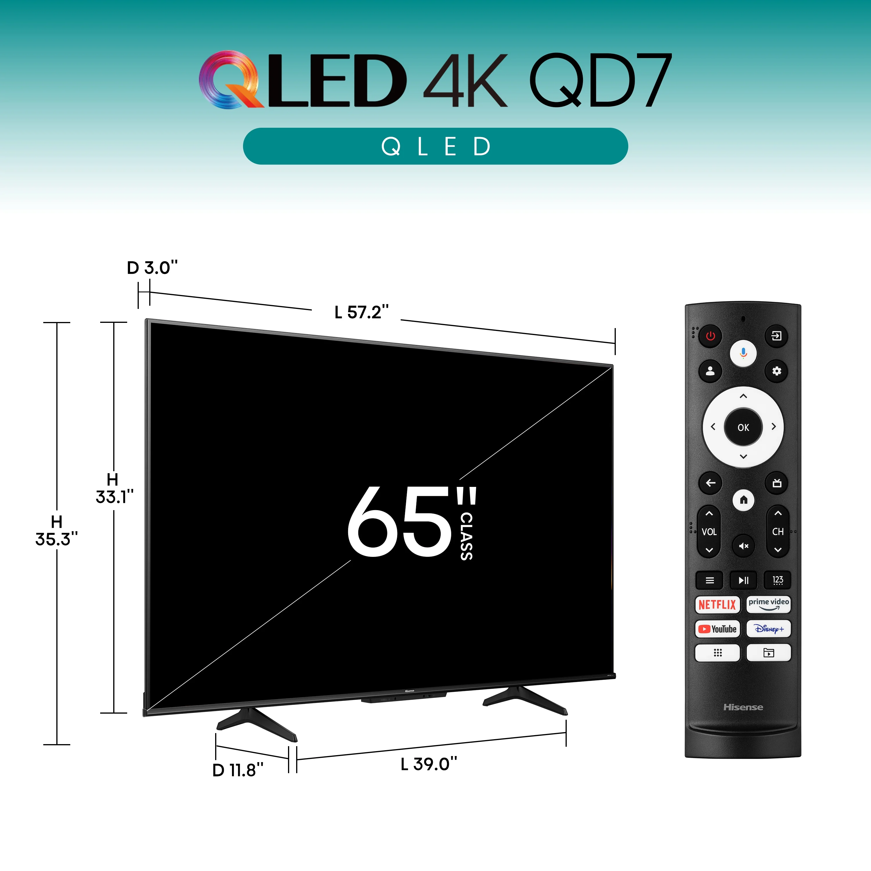 Hisense 65-Inch Class QD7N Series QLED 4K UHD Google Smart TV (65QD7N, 2024 Model) - QLED, Native 144Hz, Motion Rate 240, Dolby Vision Atmos, Direct Full Array, Game Mode Pro, Voice Remote
