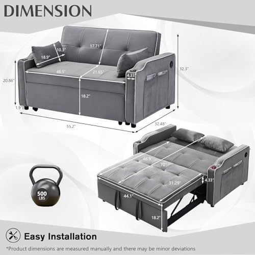 3 in 1 Convertible Sleeper Sofa Bed, Velvet Sofa Couch with Pull Out Bed, Modern Loveseat Sofa with Adjustable Backrest/Side Pockets/USB Charging/Cup Holders for Living Room Bedroom (Gray)