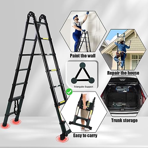 15.5FT Telescoping Extension Ladder, Extension Ladder with Triangular stabilizer, Foldable Aluminum Retractable Collapsible Ladders for Household and RV Outdoor Work 330 lbs Load