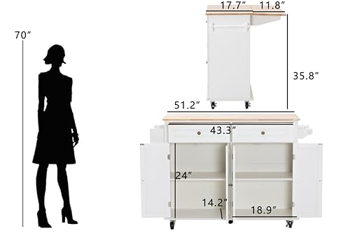 Rolling Kitchen Island with Drop Leaf, Mobile Kitchen Carts on Wheel with Storage Cabinet, Drop Leaf Island Table for Kitchen with Towel Rack and Drawer, White
