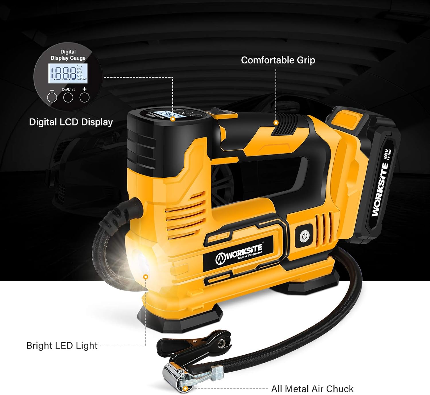 WORKSITE Tire Inflator Air Compressor Portable, 20V Cordless Tire Pump 150 PSI with Digital Pressure Gauge, Rechargeable Li-ion Battery and 12V Car Power Adapter