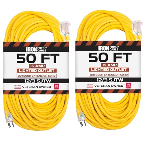 Lighted Outdoor Extension Cords - 12/3 SJTW Heavy Duty Yellow Extension Cords - 5 Lengths to Choose from!