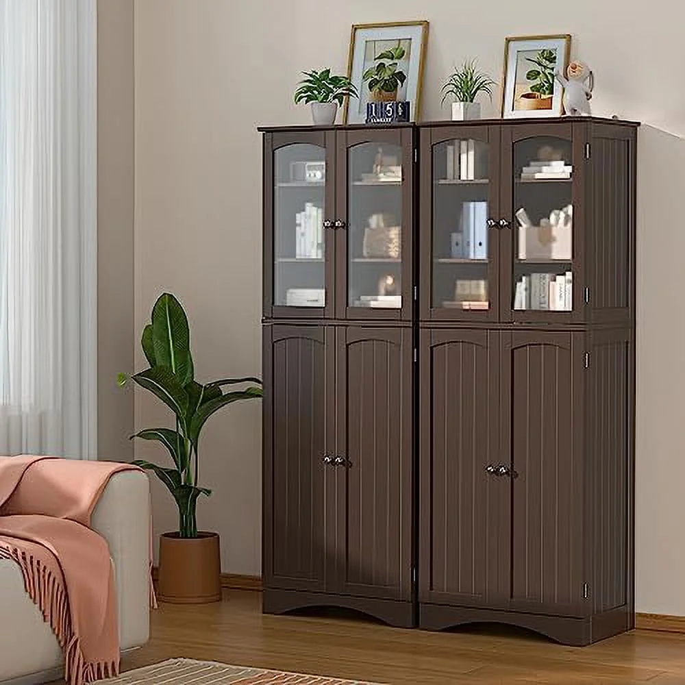 64" Kitchen Pantry Cabinet  Tall  Cabinet with Glass Doors and Adjustable Shelves  Freestanding Floor Cabinet Cupboard for Kitchen  Living Room  Dining Room (Dark Brown)