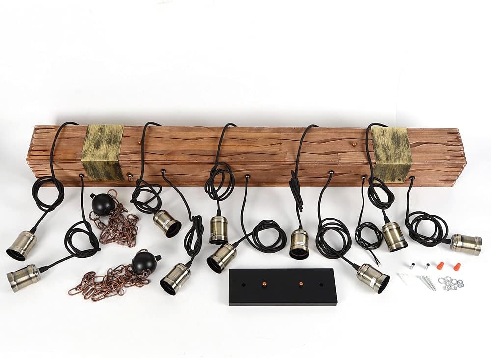 Rustic Industrial 10 Light 46in Chandelier Farmhouse Kitchen Island Lighting Mason Jar Chandelier Linear Chandelier Retro Wood Pendant Light Dining Room Bar Pool Table (Bulb is Not Included)
