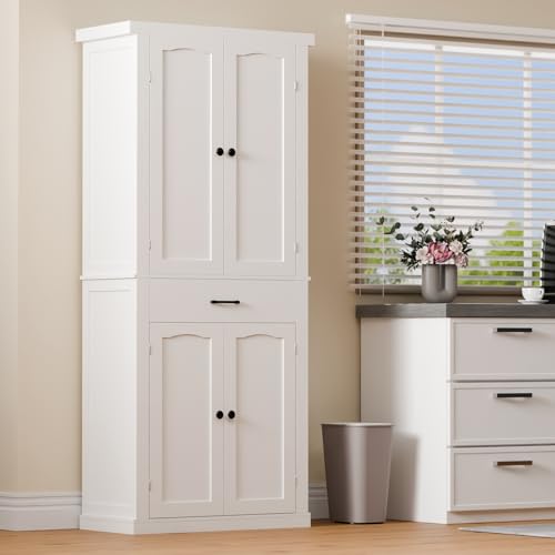 HollyHOME 72" Kitchen Pantry Cabinet, Storage Cabinet with 4 Doors and 1 Drawer, Freestanding Cupboard with Adjustable Shelves and 6 Door Shelves for Kitchen, Dining Room, Living Room, White