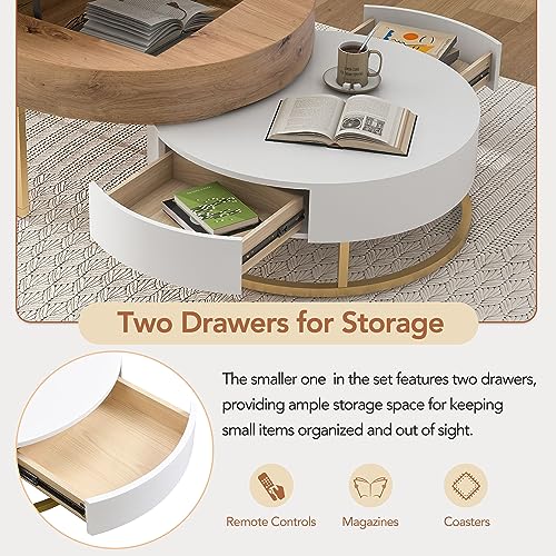 Modern Round Lift-top Nesting Coffee Tables with 2 Drawers for Living Room White & Natural