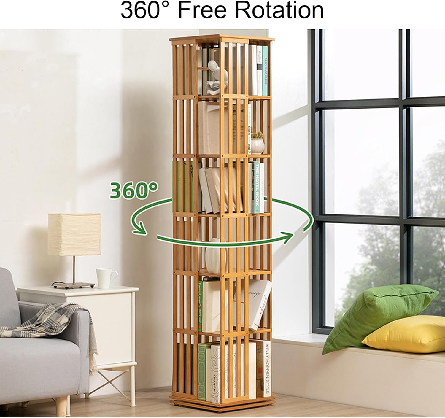 Bamboo 360 Rotating Bookshelf, 6 Tier Floor Standing Bookcase Storage Shelves, Removable Divider, for Home Office Living Room Study
