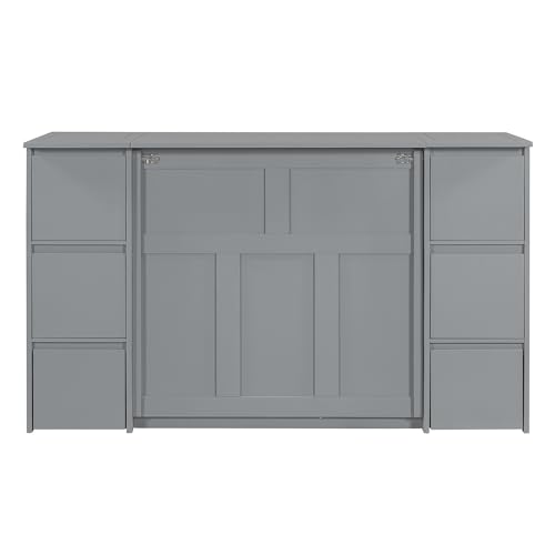 Merax Murphy Bed Full Size with Storage and High Stool, Floor Bed Frame with Drawers, Cabinets & USB Ports, for Guest Room, Home Office, White
