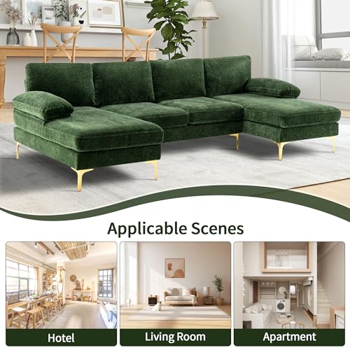 Modern U-Shaped Sectional Couch for Living Room - 110 in Chenille 4 Seater with Double Chaises and Golden Metal Legs - Ideal for Home, Office, Bedroom, Apartment, Green
